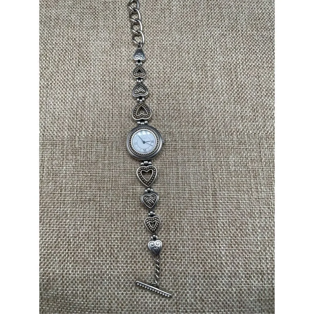 Brighton Vintage Silver Heart Charm Bracelet Watch Adjustable Toggle Working